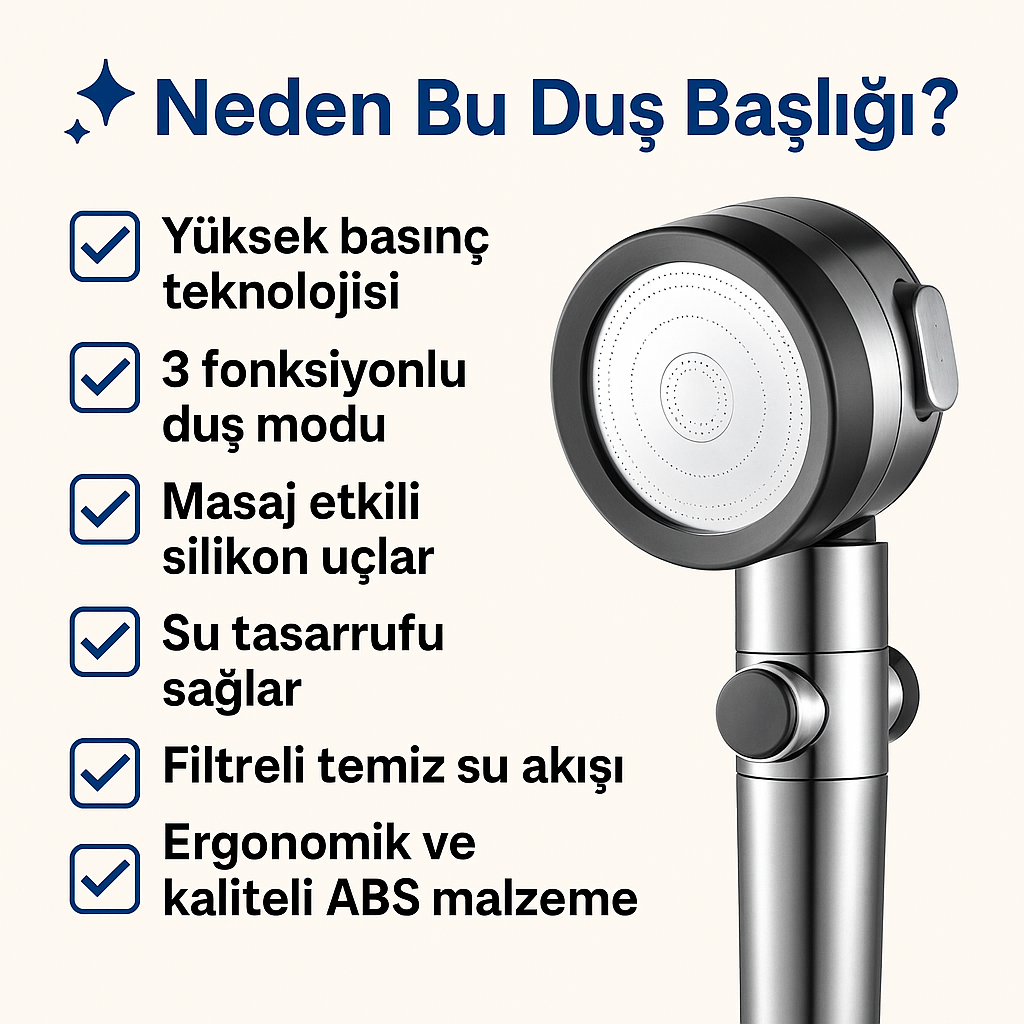 3 Fonksiyonlu Basınçlı ve Filtreli Duş Başlığı – Stop Tuşlu