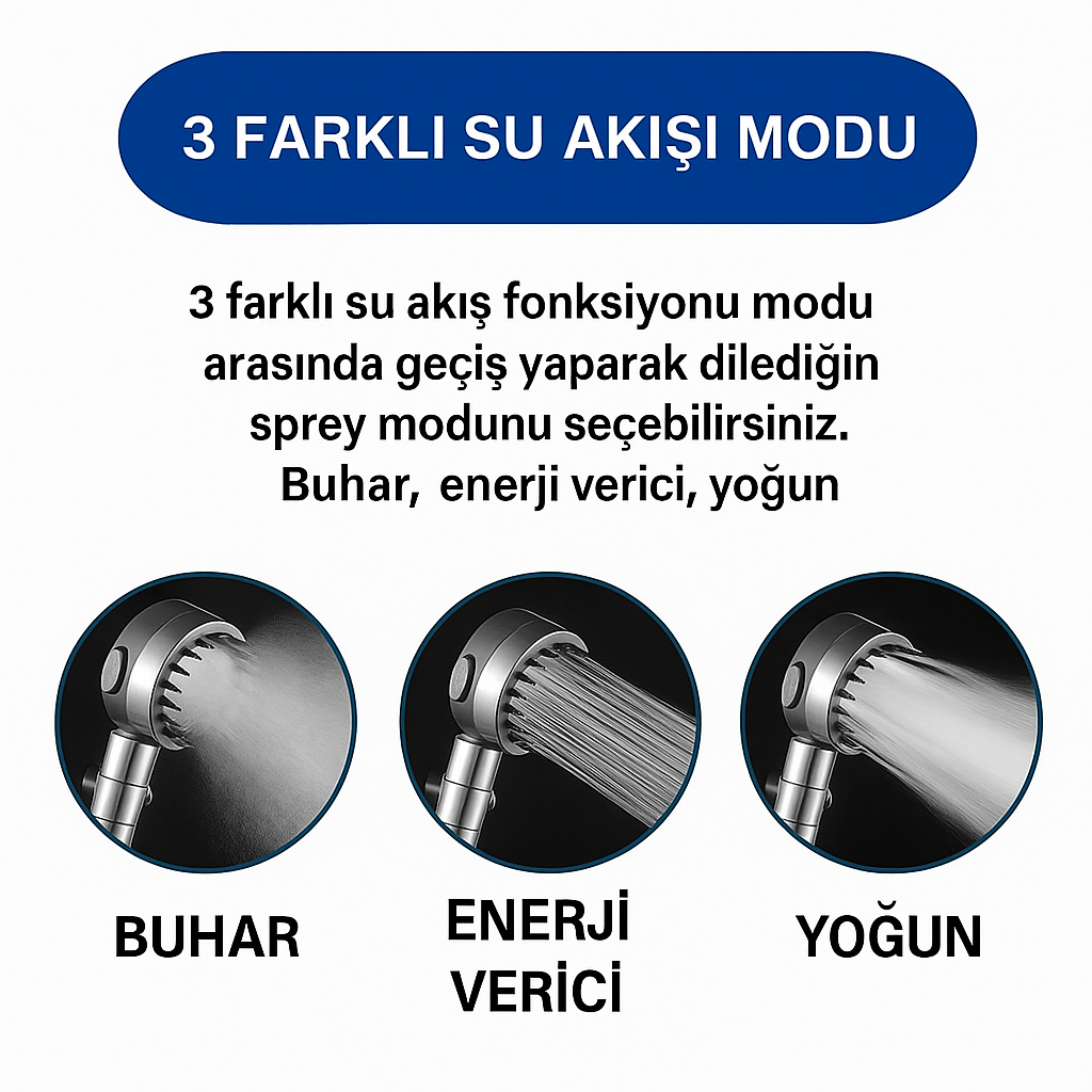 3 Fonksiyonlu Basınçlı ve Filtreli Duş Başlığı – Stop Tuşlu